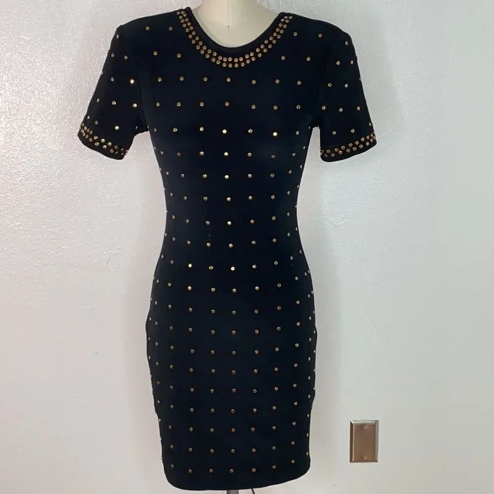 Vintage TADASHI Saks Fifth Avenue black gold studded bandage rub mini dress S